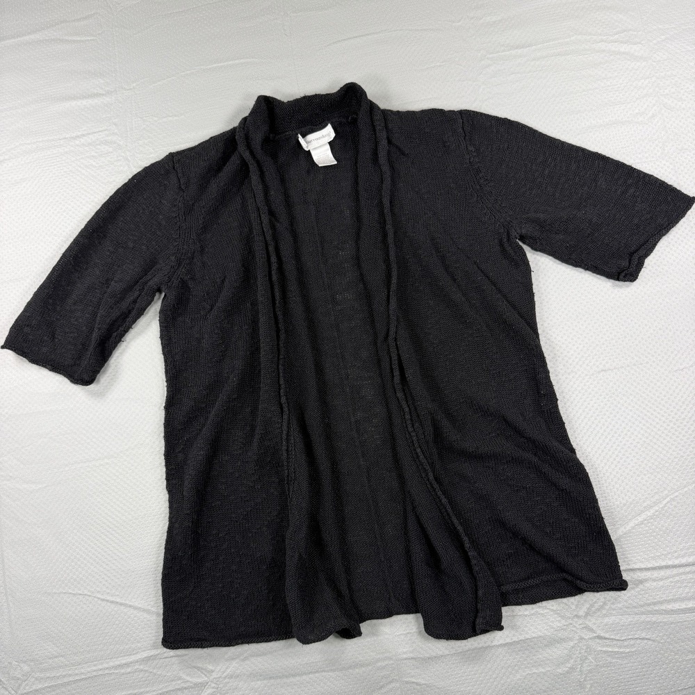 Soft Surroundings Linen Blend Open Front Short Sleeve Cardigan Sweater Black L
